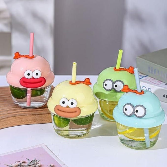 artoon glass cup 210ml with PP cap for kids safe drinking
